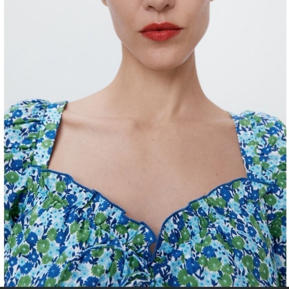 Zara Womens Small Ditsy Floral Puff Sleeve Crop Blouse Exposed Zip Back Cotton - Picture 2 of 6